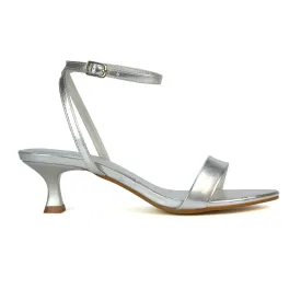 Antonia Strappy Party Kitten Low Heel Sandals in Silver Metallic