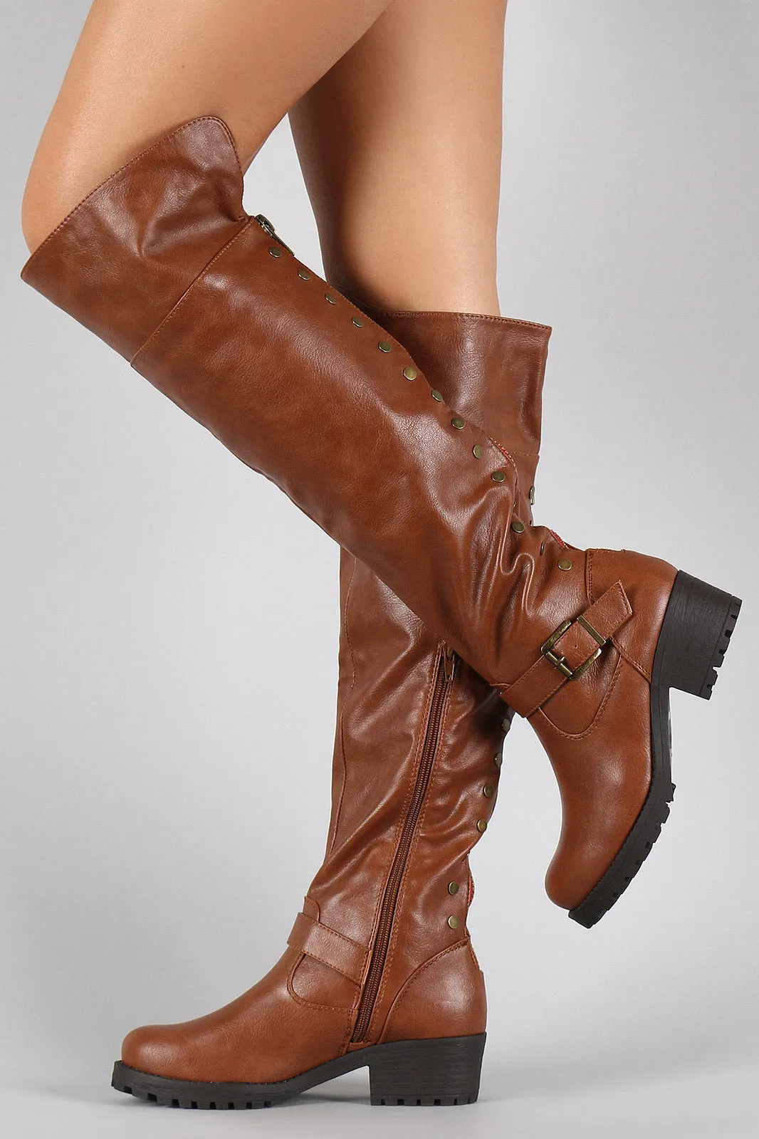 Bamboo Fold Over Cuff Contrast Zipper Studded Riding Knee High Boot