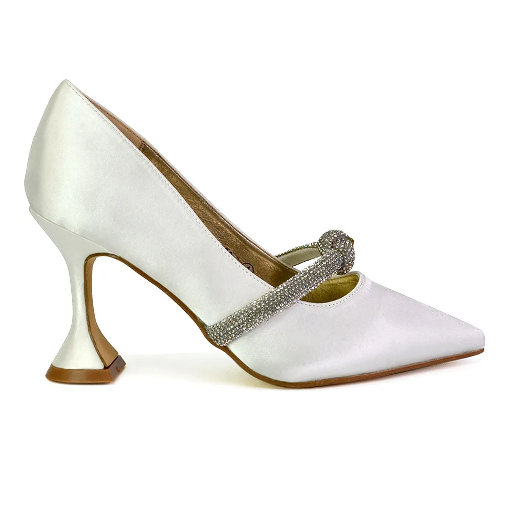 Beau Wedding Shoes Diamante Trim Satin Pointed Mid High Heel in White