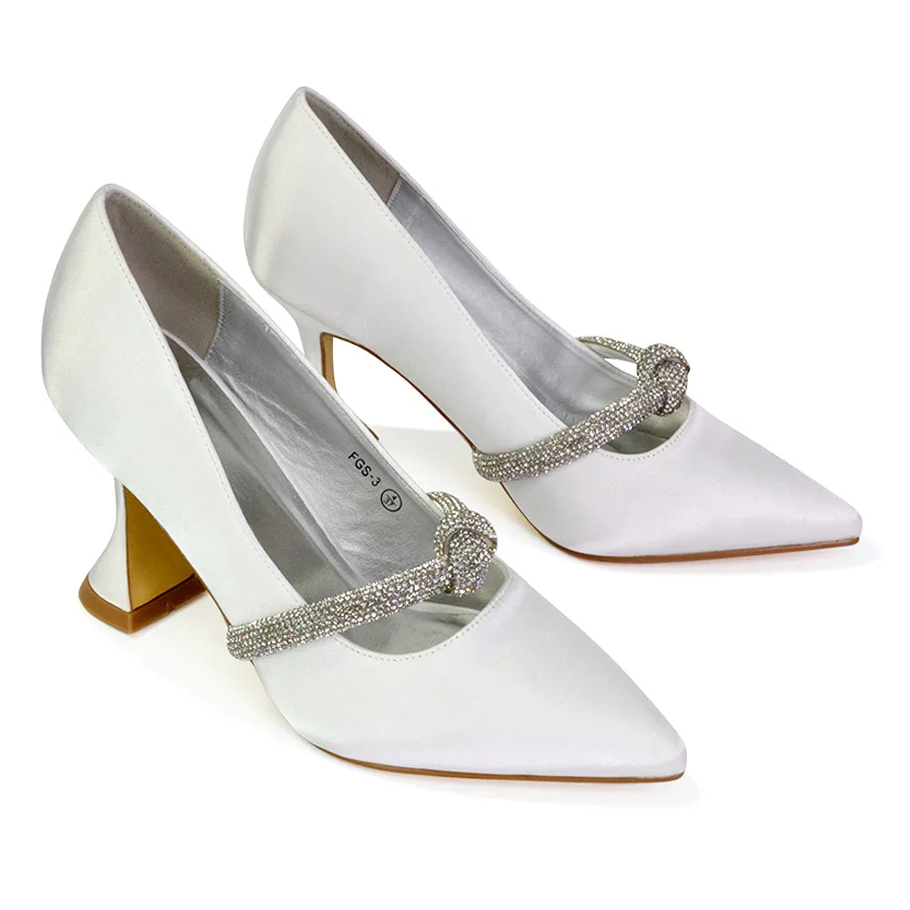 Beau Wedding Shoes Diamante Trim Satin Pointed Mid High Heel in White