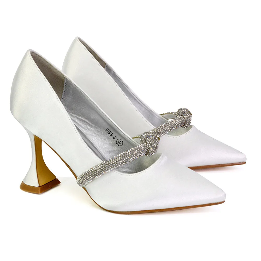 Beau Wedding Shoes Diamante Trim Satin Pointed Mid High Heel in White