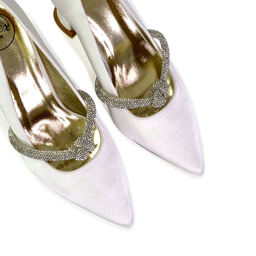 Beau Wedding Shoes Diamante Trim Satin Pointed Mid High Heel in White