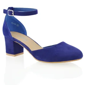 BILLIE-MAY CHUNKY STRAPPY MID BLOCK HIGH HEELS COURT SHOES IN NAVY