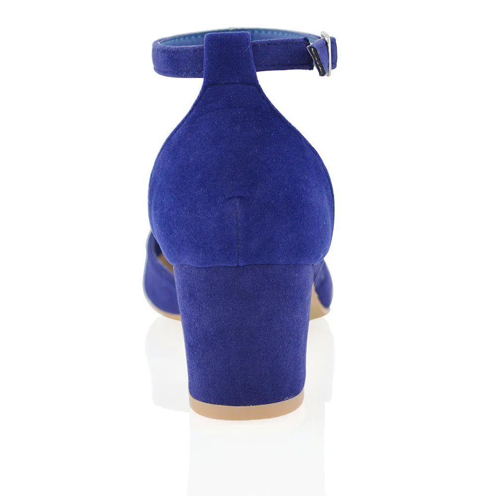 BILLIE-MAY CHUNKY STRAPPY MID BLOCK HIGH HEELS COURT SHOES IN NAVY