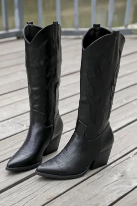 BLACK EMBROIDED KNEE LENGTH WESTERN COWBOY BOOTS