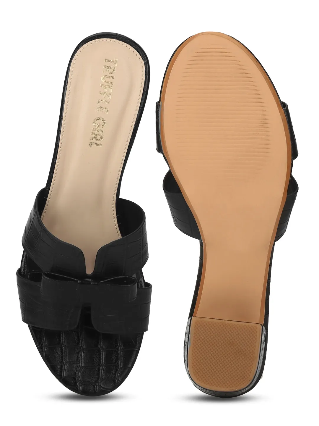 Black PU Low Heel Croc Mules