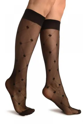 Black With Woven Mesh & Clover Socks Knee High