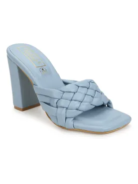 Blue PU Braided Block Heel Mules