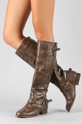 Breckelle Double Buckle Ruched Round Toe Riding Knee High Boot