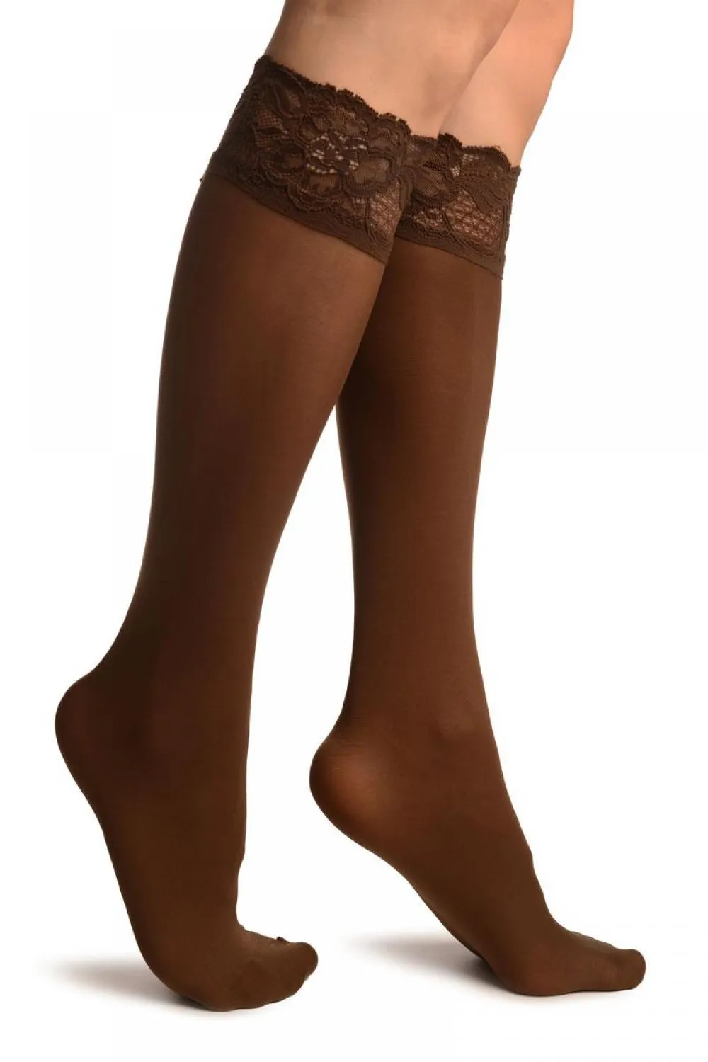 Brown Pain With Floral Silicon Lace Socks Knee High