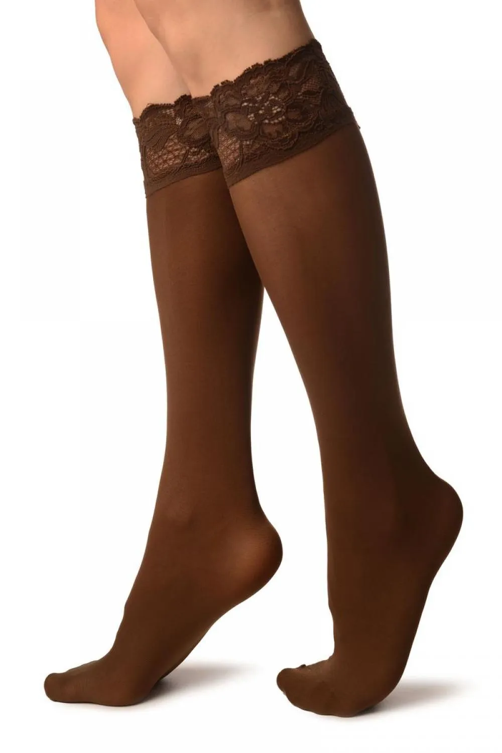 Brown Pain With Floral Silicon Lace Socks Knee High