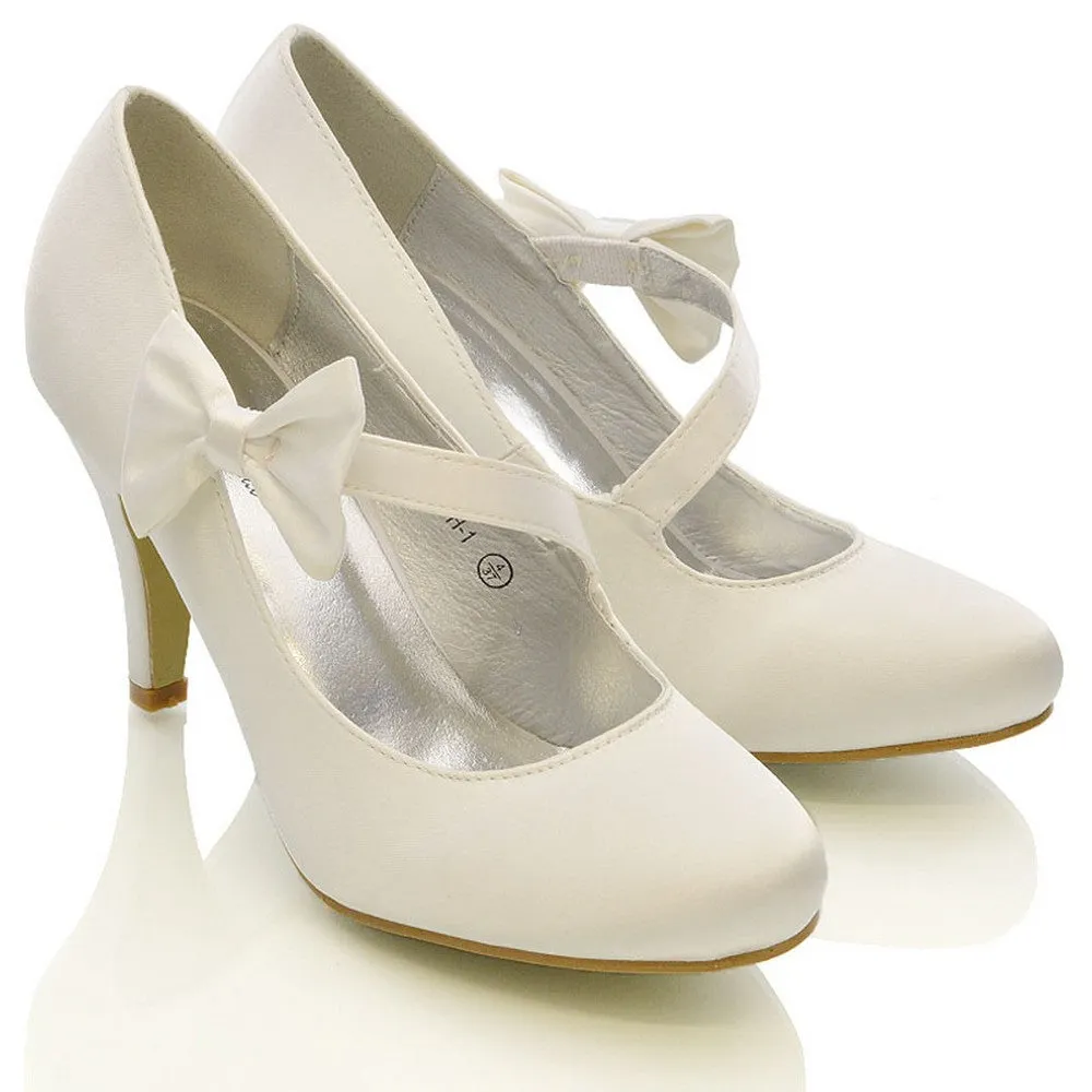 Cecilia Bow Detail Strappy Low mid Stiletto Heel Court Shoes in White Satin