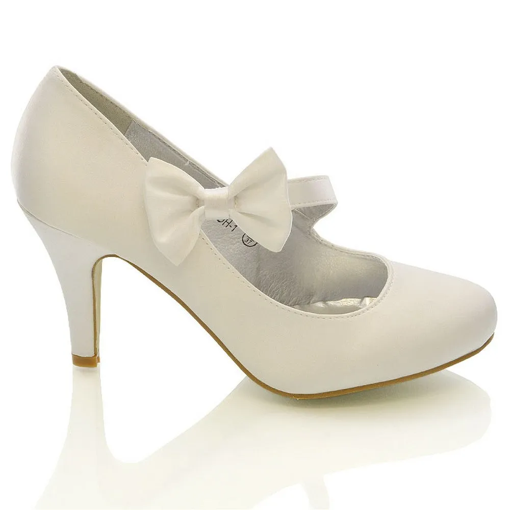 Cecilia Bow Detail Strappy Low mid Stiletto Heel Court Shoes in White Satin