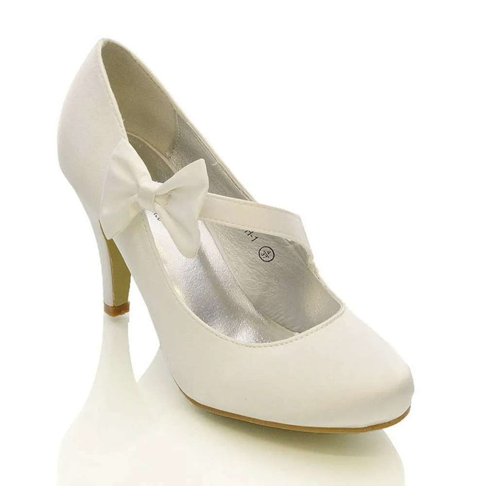 Cecilia Bow Detail Strappy Low mid Stiletto Heel Court Shoes in White Satin