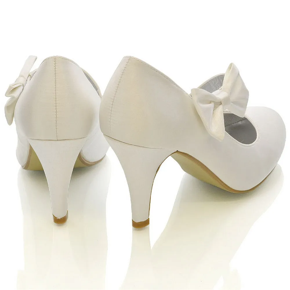 Cecilia Bow Detail Strappy Low mid Stiletto Heel Court Shoes in White Satin