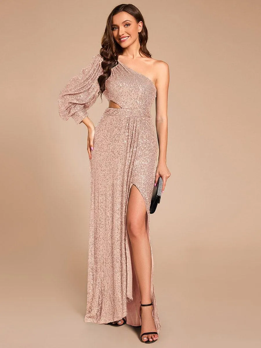 Custom Size One Shoulder Bodycon Slit Sequin Floor Length Formal Evening Dress