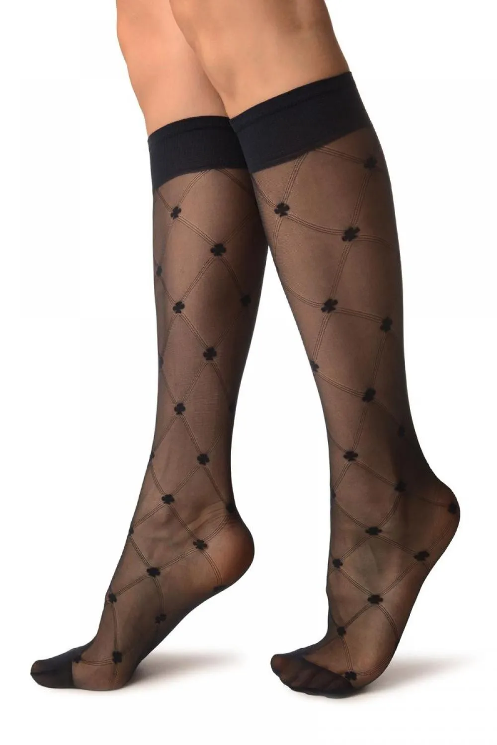 Dark Blue With Woven Mesh & Clover Socks Knee High