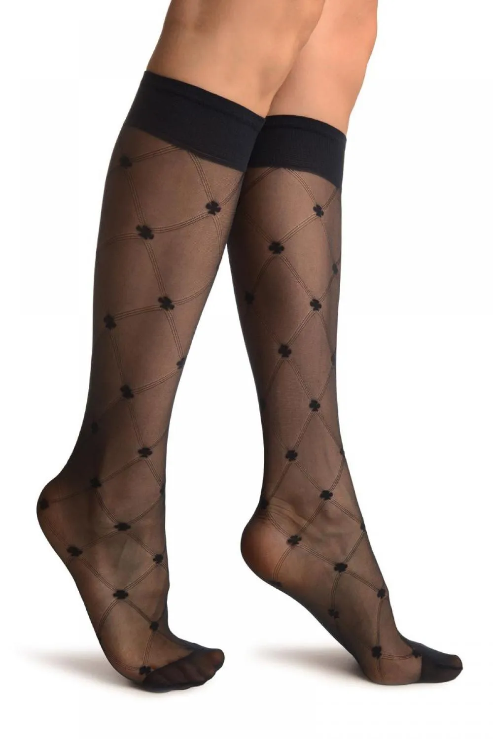 Dark Blue With Woven Mesh & Clover Socks Knee High