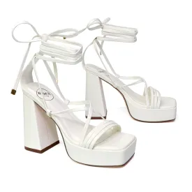 Eden Square Toe Lace Up Strappy Platform Flared Block High Heels in White