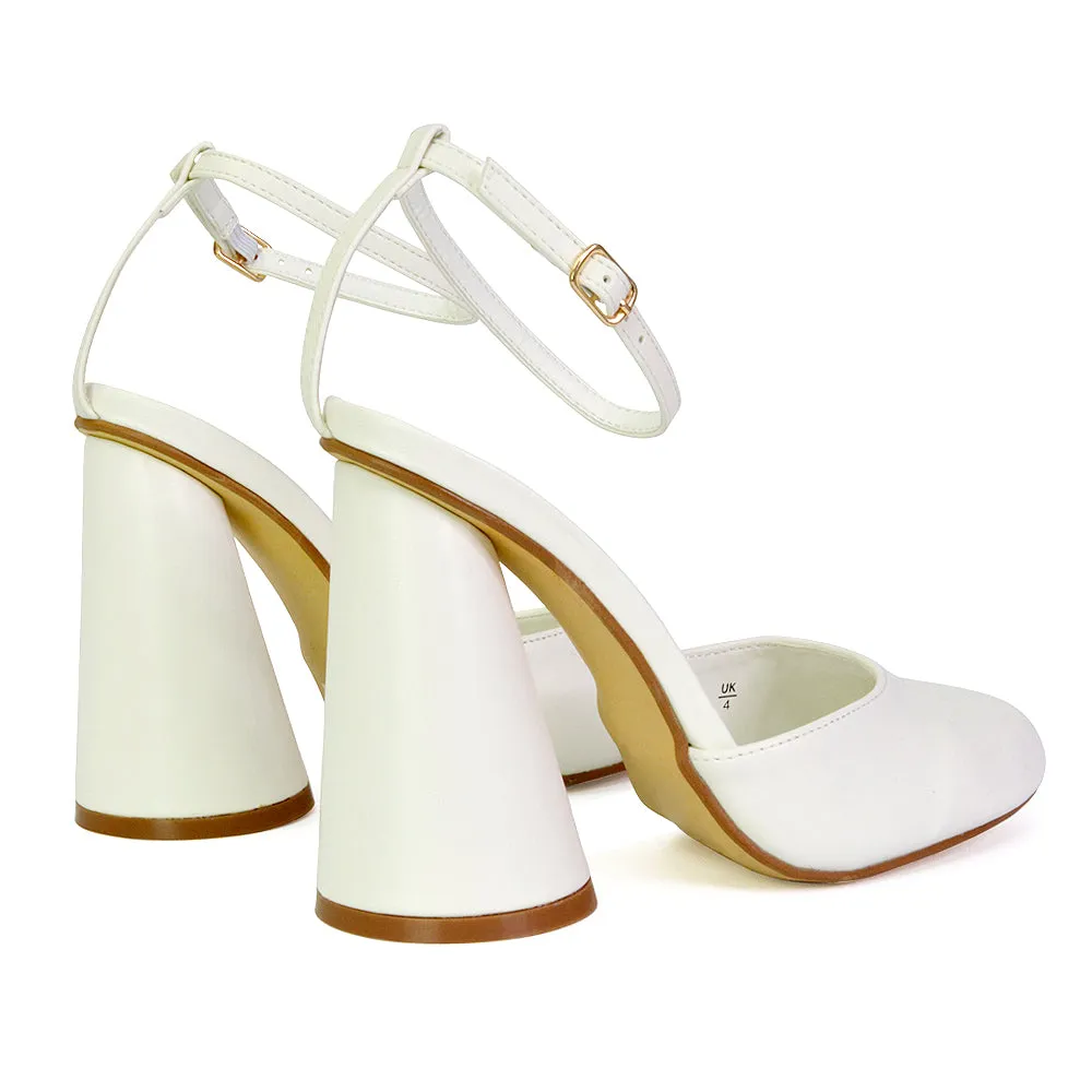 Ekin Ankle Strap Closed Toe Statement Cylinder Block Heel In White