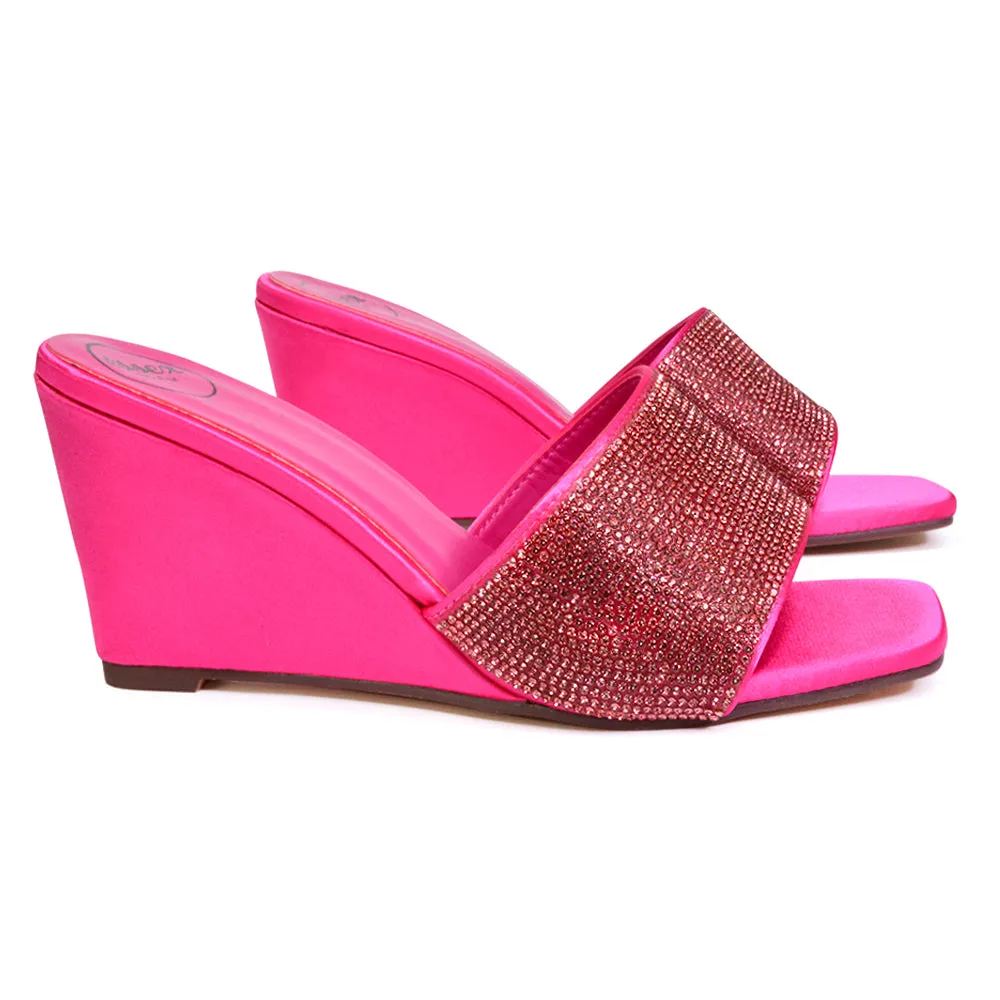 Eliza Slip On Mule Diamante Sandal Wedge Heels With Square Toe in Fuchsia