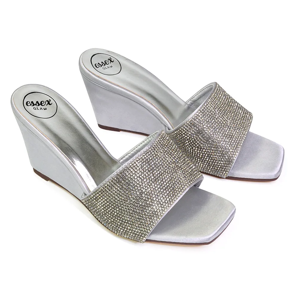 Eliza Slip On Mule Diamante Sandal Wedge Heels With Square Toe in Fuchsia