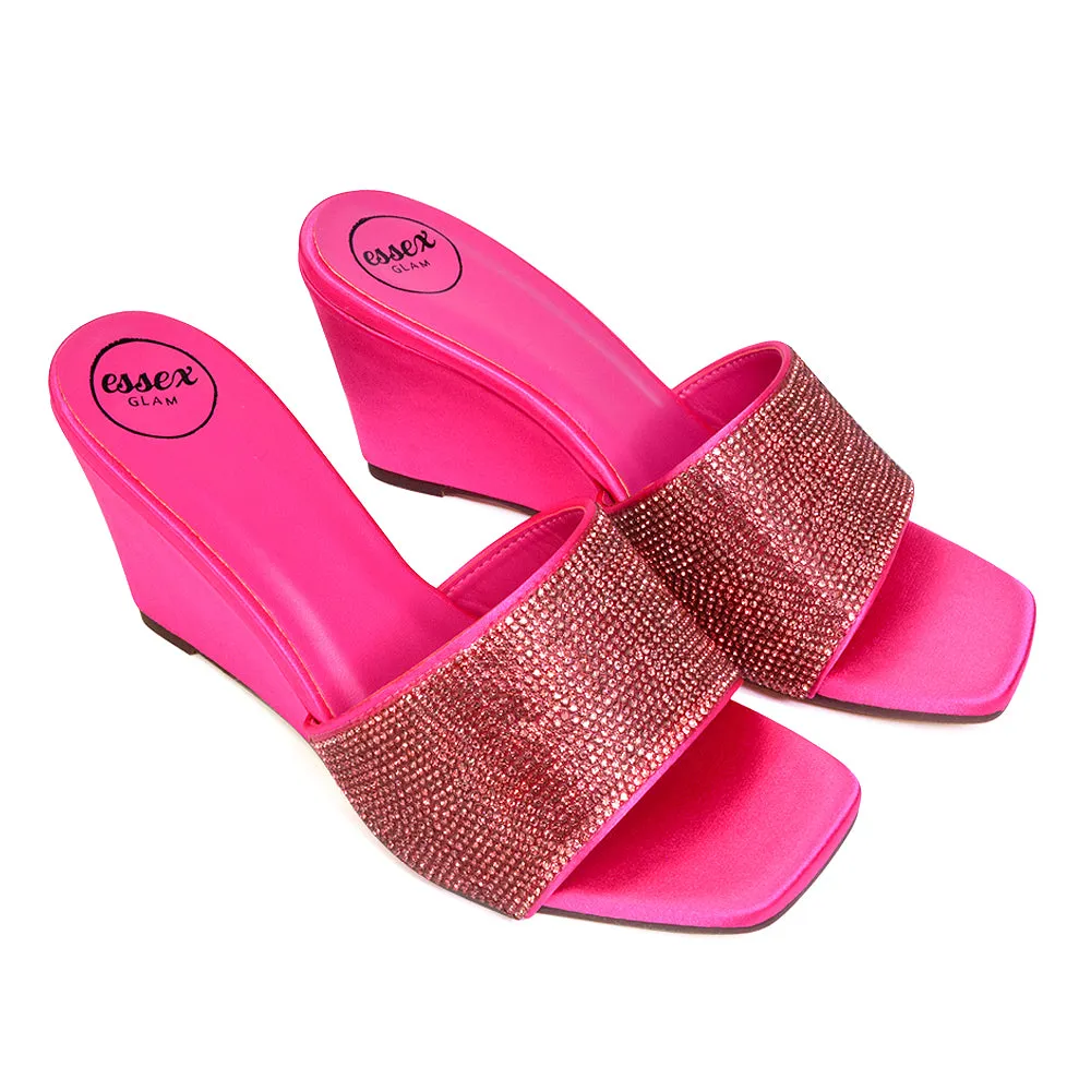 Eliza Slip On Mule Diamante Sandal Wedge Heels With Square Toe in Fuchsia