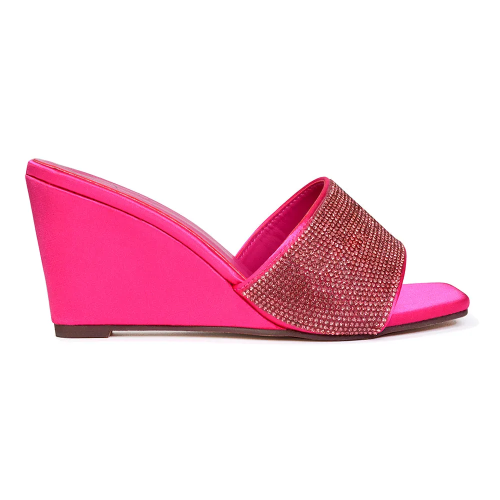 Eliza Slip On Mule Diamante Sandal Wedge Heels With Square Toe in Fuchsia