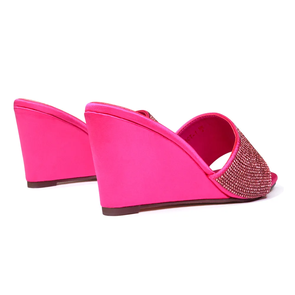 Eliza Slip On Mule Diamante Sandal Wedge Heels With Square Toe in Fuchsia