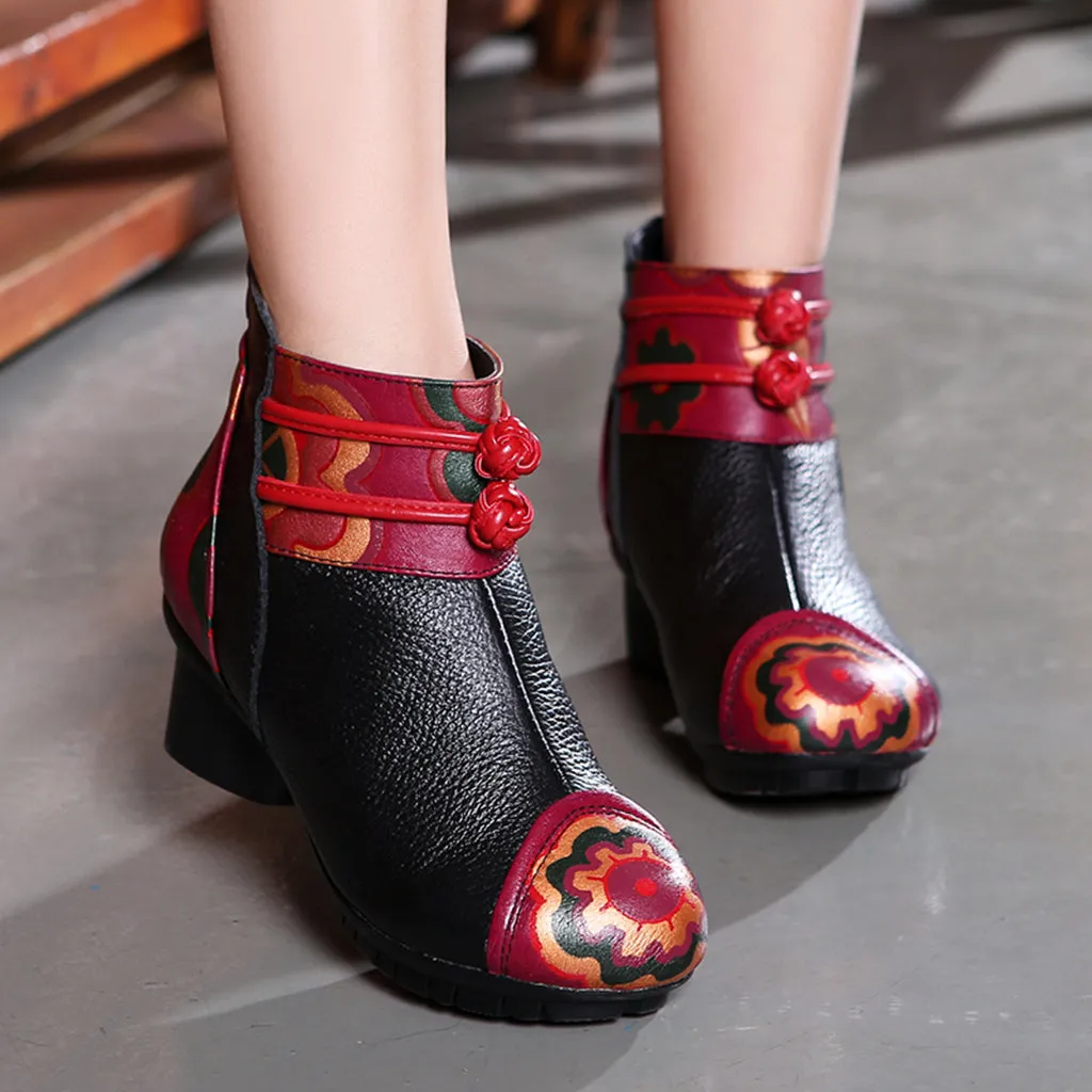 Ethnic Retro Leather Handmade Chunky Boots | Gift Shoes