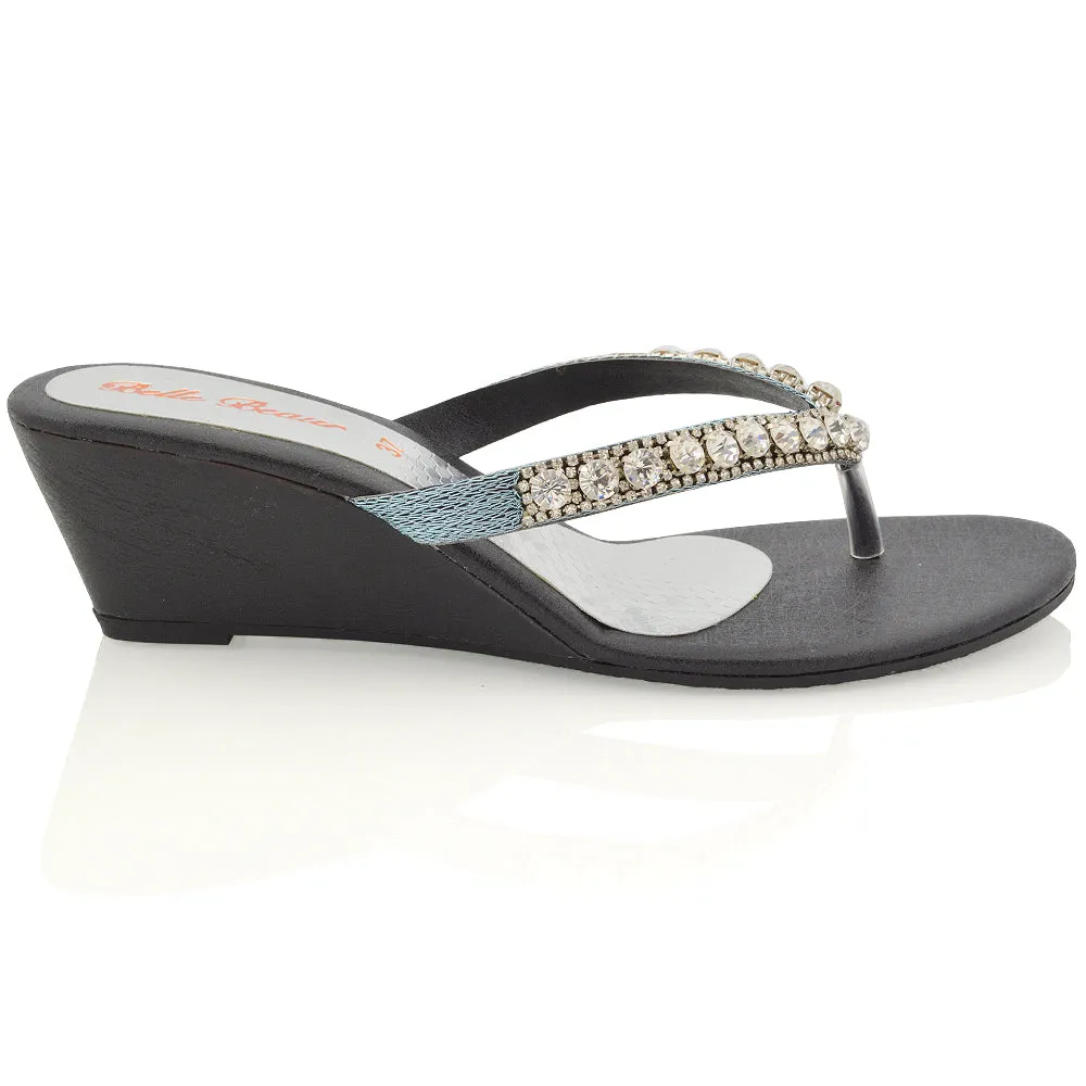 EVA THONG TOE POST STRAPPY SPARKLY GEM STONE DIAMANTE WEDGE SANDALS MID HEELS IN BLACK