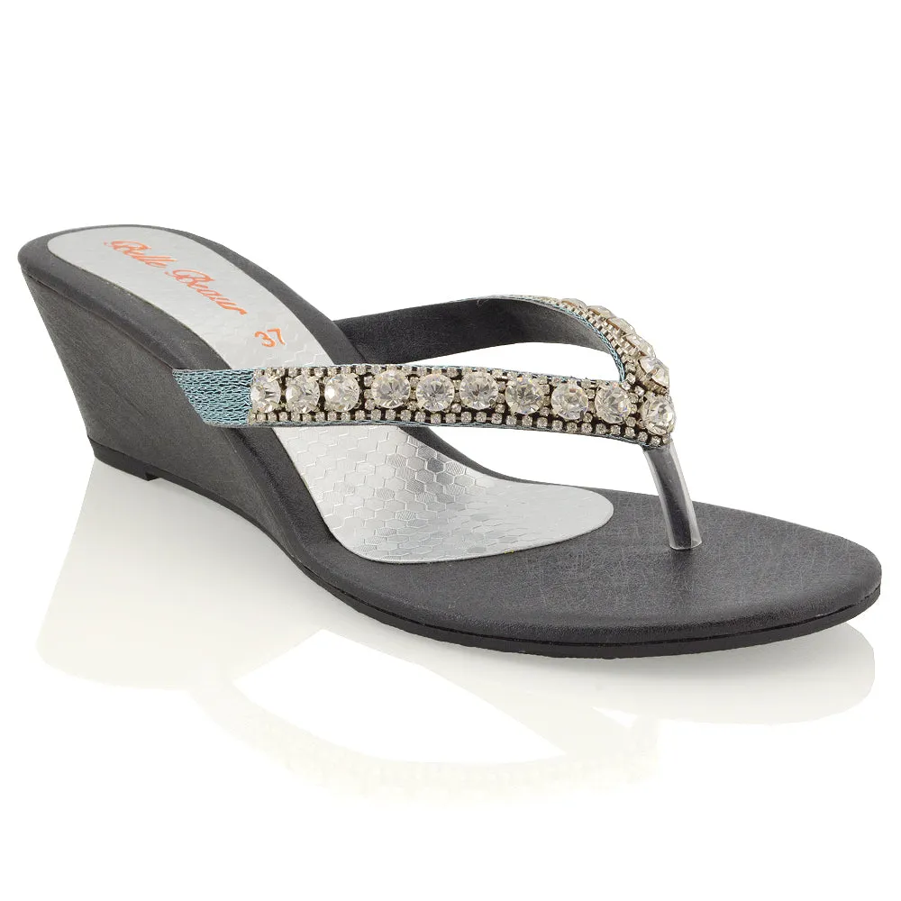 EVA THONG TOE POST STRAPPY SPARKLY GEM STONE DIAMANTE WEDGE SANDALS MID HEELS IN BLACK