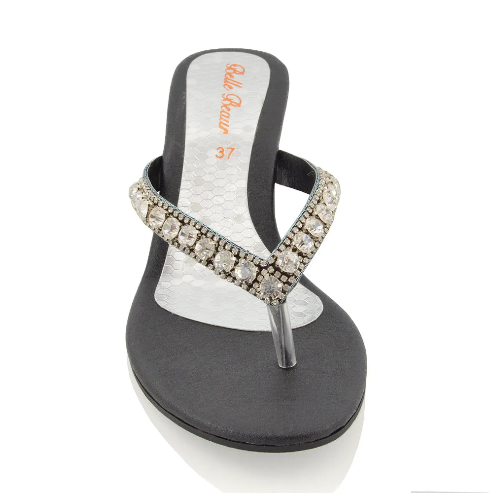 EVA THONG TOE POST STRAPPY SPARKLY GEM STONE DIAMANTE WEDGE SANDALS MID HEELS IN BLACK