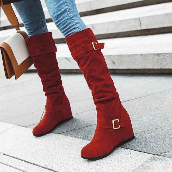 Faux suede slouch knee high boots with hidden wedge heels