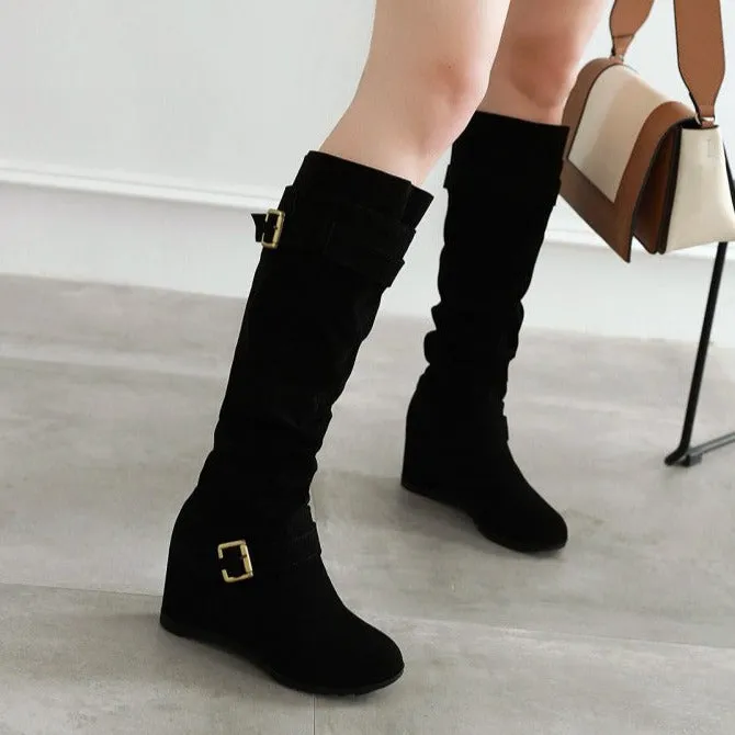 Faux suede slouch knee high boots with hidden wedge heels