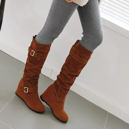 Faux suede slouch knee high boots with hidden wedge heels