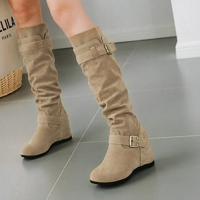 Faux suede slouch knee high boots with hidden wedge heels