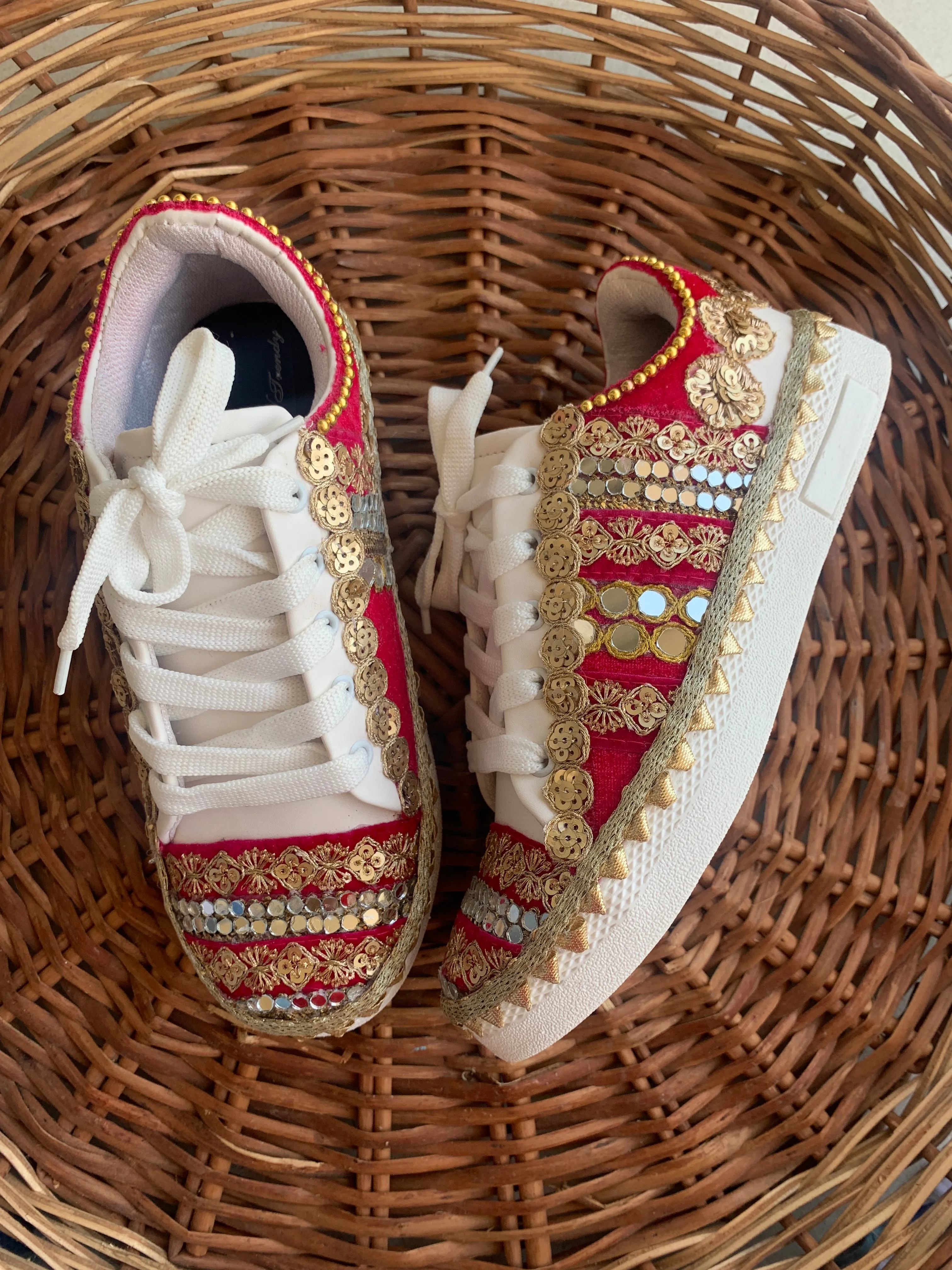 FUNKY N TRENDY red sneakers for brides /sneakers for bridesmaids/ handcrafted sneakers/ golden sneakers / bridal sneakers / bridesmaid sneakers/ golden hand work sneakers / rani pink sneakers