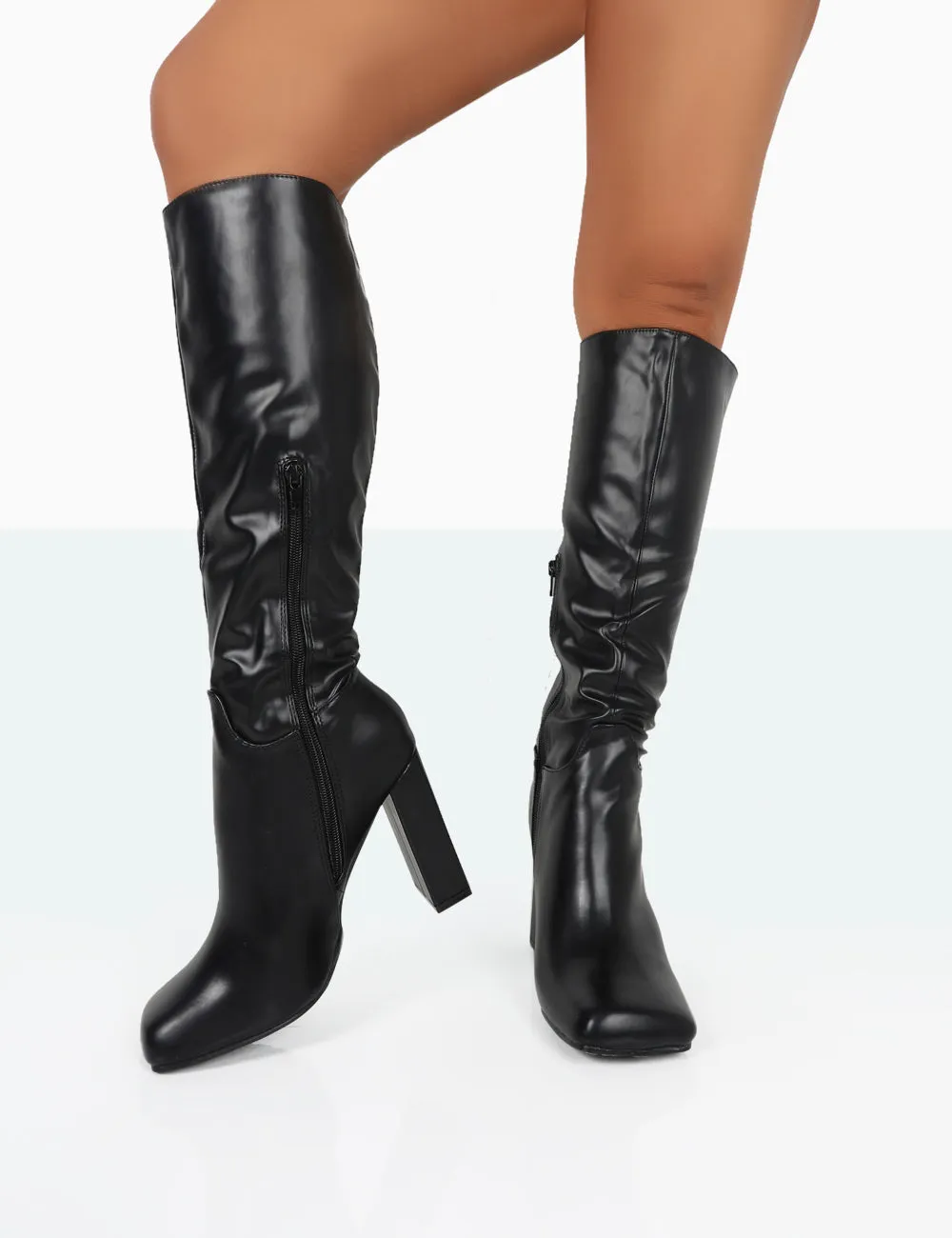 Gia Black Box PU Square Toe Block Heel Knee High Boots