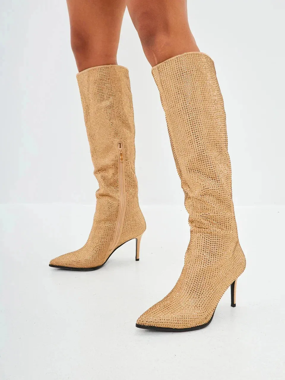 Jewel Stiletto Knee High Boots Mili - Gold