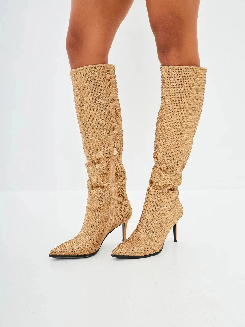 Jewel Stiletto Knee High Boots Mili - Gold