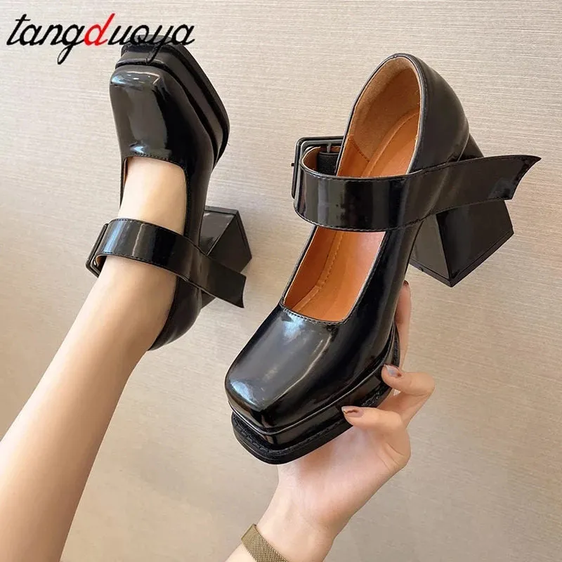 Joskaa Sandals Platform Shoes On Heels Women's Shoes 2024 Gothic High-Heeled Shoes Women Pumps Thick With Square Head Retro Mary Janes