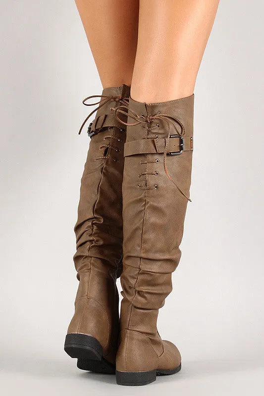 Lace Up Buckled Back Collar Slouchy Over-The-Knee Boot