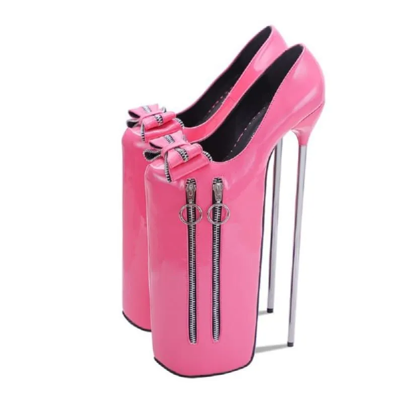 Ladies 30cm High Heel Platform Shoes with Bow and Zip Detail