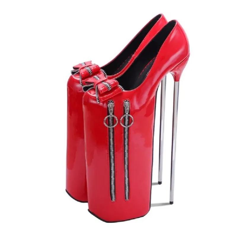 Ladies 30cm High Heel Platform Shoes with Bow and Zip Detail