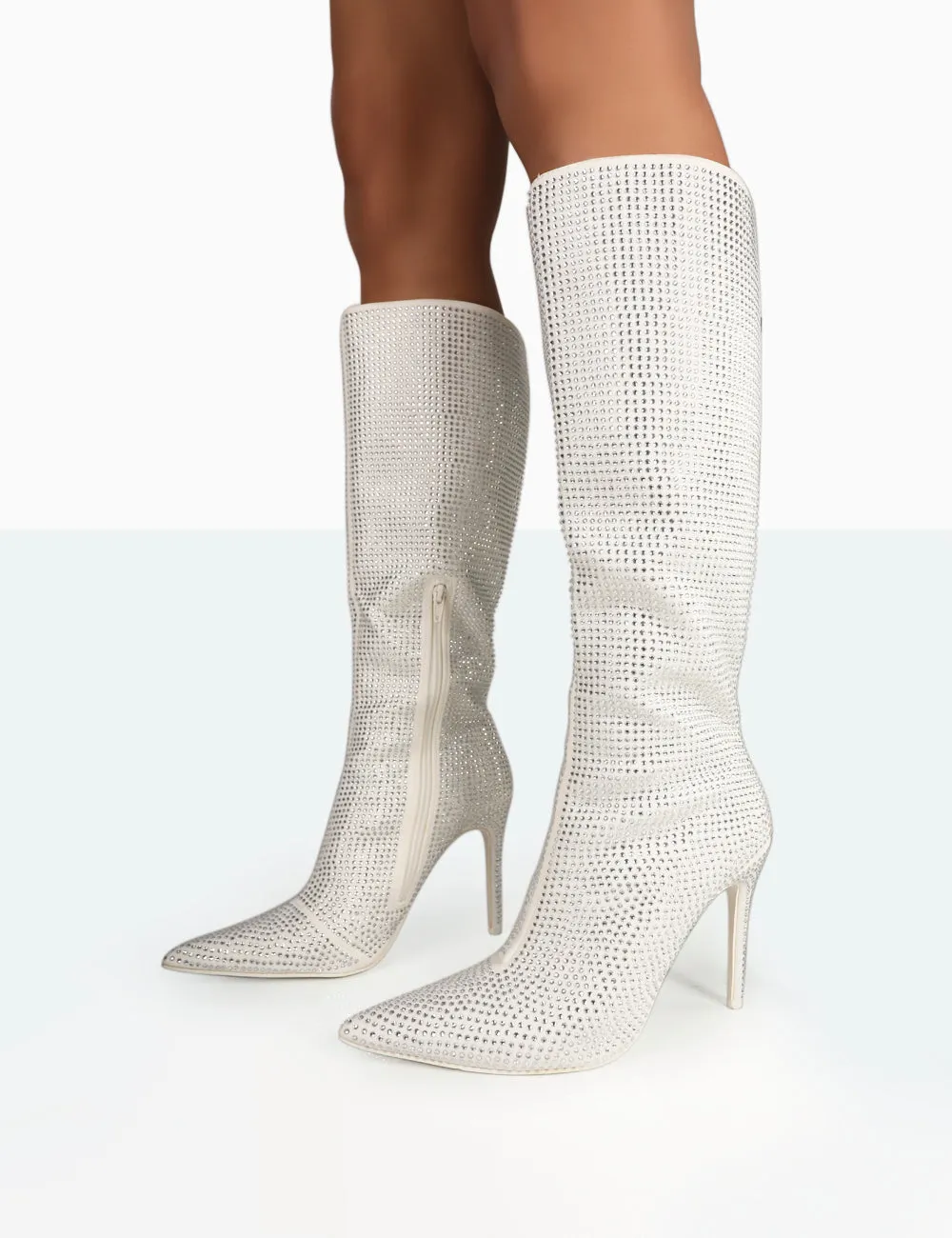 Lexi Silver Diamante Stiletto Knee High Boots