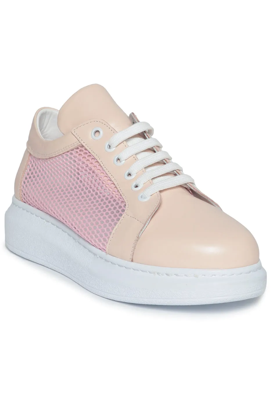 Mesh Panel Lace-Up Sneakers - Pink