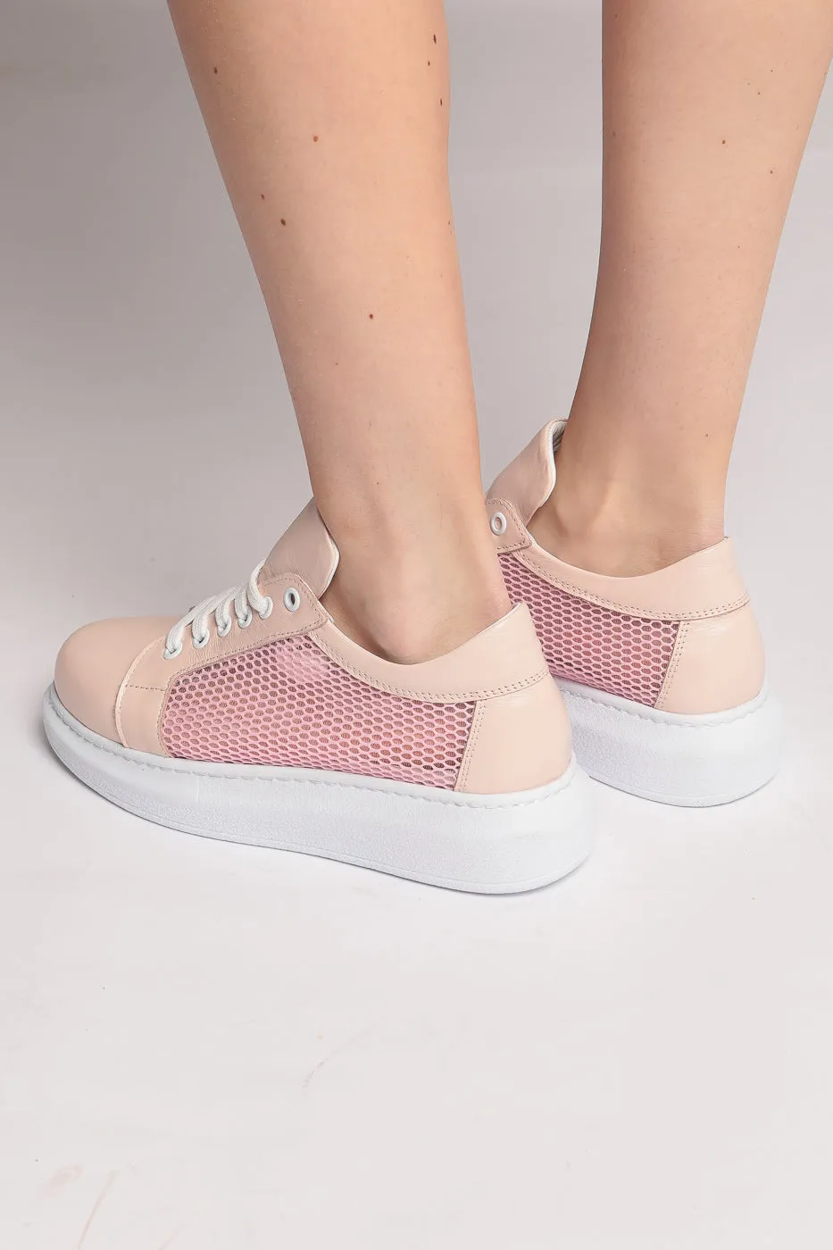 Mesh Panel Lace-Up Sneakers - Pink