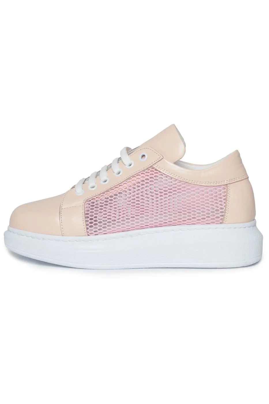 Mesh Panel Lace-Up Sneakers - Pink