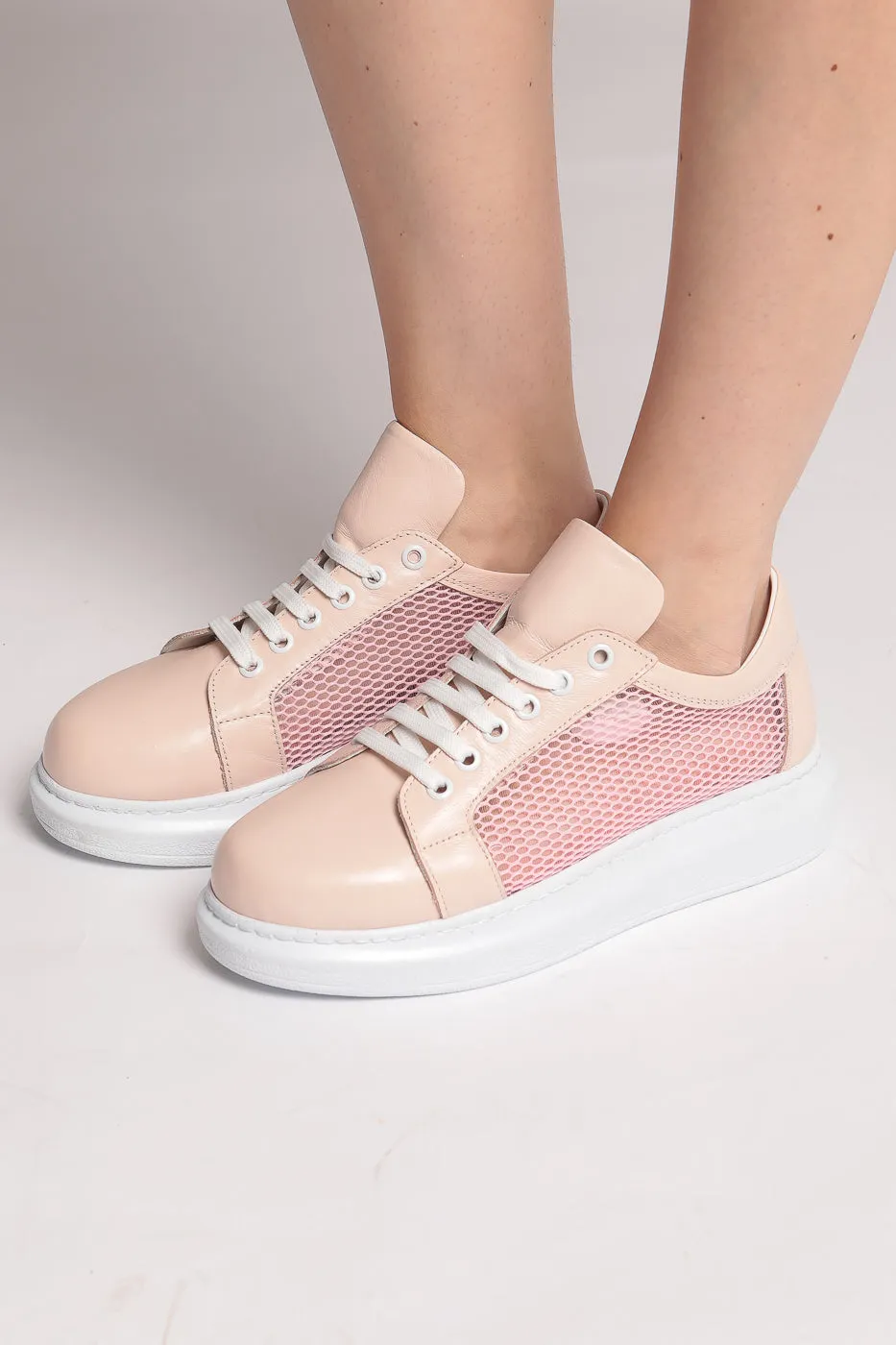 Mesh Panel Lace-Up Sneakers - Pink